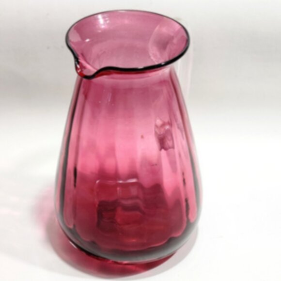 Hand-Blown Pilgrim Cranberry Style Glass Int Optic Ribbed 7" Pitcher Jug Vase - Picture 3 of 11